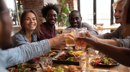 leisure food and people concept  group of happy international friends eating at restaurant table no logos no brands ar 169