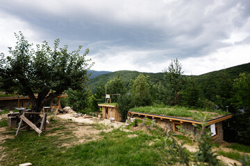 Rustic eco-homes with grass rooftops in a lush forested hillside setting