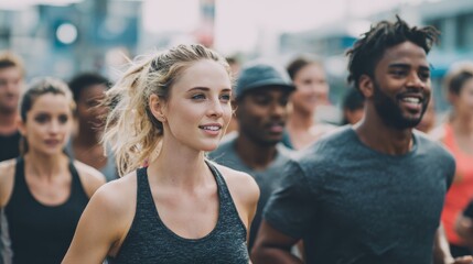 group of diverse young friends lining up for a run inside a large commercial parking lot in a health and fitness concept no logos no brands ar 169