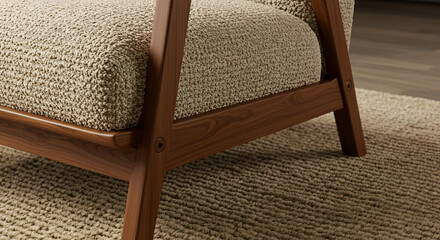 Close-up view of an armchair leg, highlighting the texture of the beige tufted fabric and the warm tones of the wood. Ideal for showcasing furniture design, interior decor, or home furnishings.