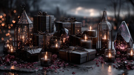 Obraz premium Valentine's Day sale background. Vector illustration with realistic black gift boxes, sparkling light garland, candles and confetti on black background. Promo discount banner.