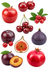 Isolated Fruit Collection Fresh Red Apples Cherries Plums Fig on Transparent Background
