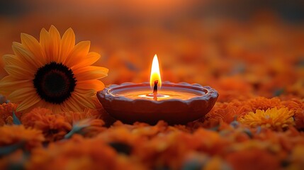 Lit oil lamp and sunflower surrounded by orange flowers at sunset lit candle flame