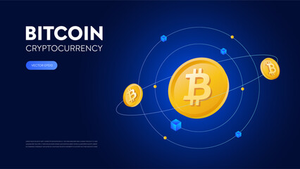 Bitcoin around by gradient blockchain cube icons. Virtual futuristic cryptocurrency trade. 3D neon crypto currency coins orbit network system connect with digit link for fintech with glow neon effect. © nuddss