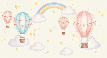 Soft pastel watercolor illustration of hot air balloons, clouds, rainbows, and stars, magical atmosphere for kids&rsquo; room wall decoration.