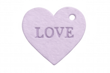 Purple heart-shaped label embossing 'love' text, transparent backdrop highlighting elegant romantic graphic design element