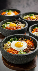 Photo of Stone Bowls with Colorful Korean Bibimbap Food Meal Close Up