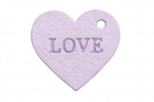 Purple heart-shaped label embossing 'love' text, transparent backdrop highlighting elegant romantic graphic design element - Powered by Adobe