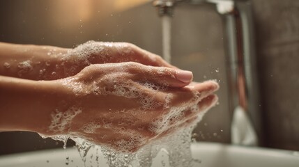Fototapeta premium young woman washing cleansing soapy hands in bathroom to prevent coronavirus infection cleaning skin care in foamrubbing hands rinsing with running water covid 19 protection concept close up view no 