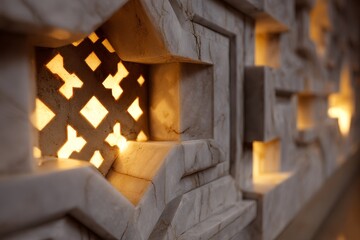 Naklejka premium Intricate light patterns illuminate a sculpted marble wall, showcasing detailed carvings and geometric designs.