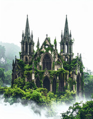 Obraz premium Mystical overgrown gothic cathedral ruins, shrouded in mist and lush vegetation