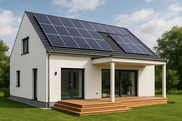 Fototapeta premium A modern house with solar panels on the roof, surrounded by a green lawn and trees, showcasing sustainable and renewable energy solutions