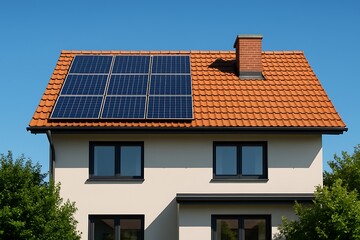 Obraz premium Residential house featuring solar panels installed on the roof, showcasing sustainable energy solutions for domestic electricity generation