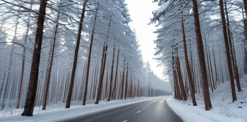 Snowy Road Through a Winter Pine Forest