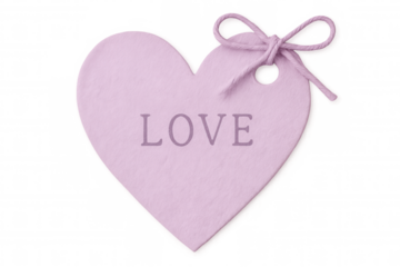 Pink heart-shaped tag with the word love written on it, tied with string on a transparent background