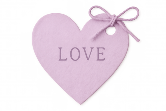 Pink heart-shaped tag with the word love written on it, tied with string on a transparent background