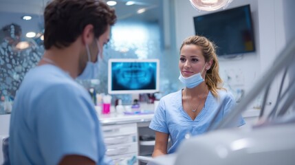 Obraz premium a dentist with dental assistant in modern dental surgery working no logos no brands ar 169