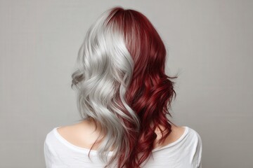 Naklejka premium A stylishly highlighted hairstyle featuring a striking contrast of silver and burgundy tones.