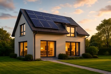 Modern house with solar panels on the roof, showcasing sustainable energy and architectural design in a serene outdoor setting at dusk