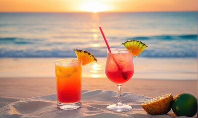 Tropical Cocktails at Sunset on Sandy Beach
