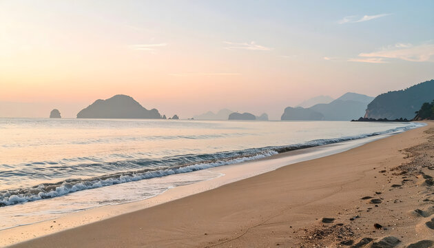 A serene and beautiful seascape of a sandy beach during a golden sunrise, with calm ocean waves and limestone cliffs in the distance