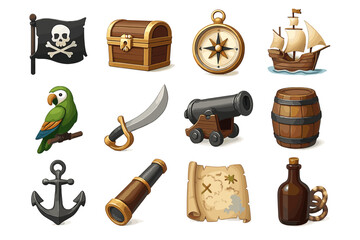 Pirate adventure icon set: flag, treasure chest, compass, ship, parrot, sword, cannon