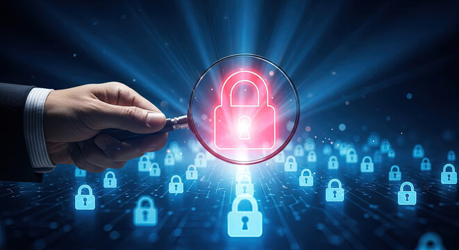 Hand uses magnifying glass to examine red glowing padlock amidst digital security array