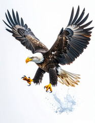 Obraz premium Majestic bald eagle descending with talons extended towards water surface, impressive aerial hunting prowess