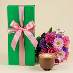 A green gift box with pink ribbon, a bouquet of colorful flowers, and a latte art coffee cup on a pale yellow background. A celebratory arrangement for a special occasion.