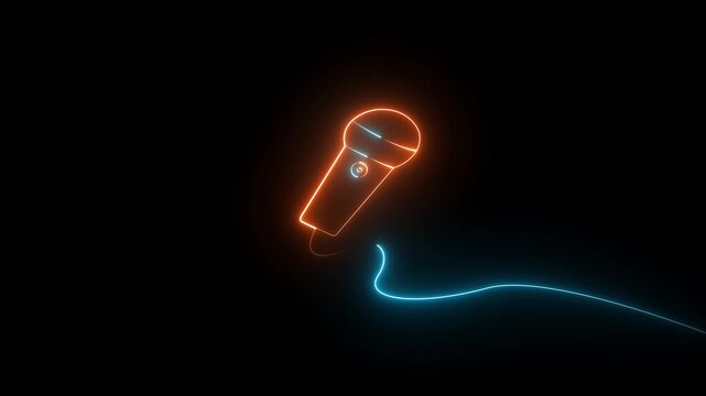 Microphone glowing icon on black background, microphone neon logo design for audio, music, podcast, broadcast, and entertainment branding,