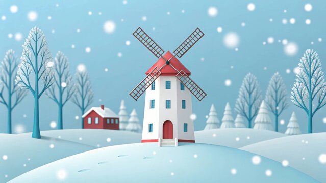 A winter landscape with a windmill and a house covered in snow on a cold and snowy day - Powered by Adobe