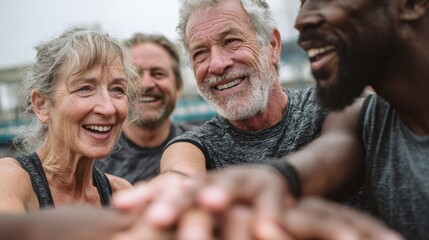 laughing mature and multiethnic sports people at park happy group of men and women smiling and stacking hands outdoor after fitness training mature sweaty team cheering after intense training no logo