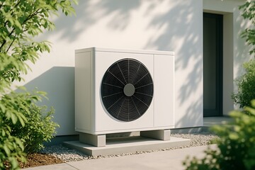 A modern heat pump system installed outside a house, providing renewable energy for heating and cooling, showcasing sustainable technology