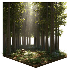 Realistic 3D Render of a Dense Forest with Sunlight Shining Through Green Leaves