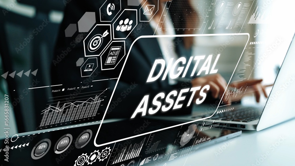 Poster modern business concept with digital assets on a laptop screen and data visualization elements in a 