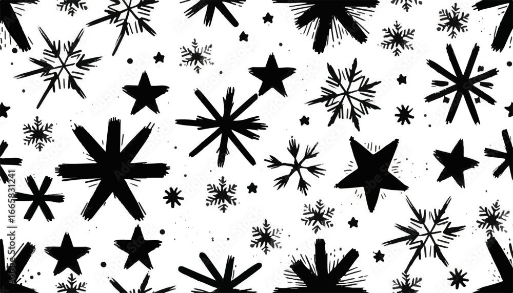 Poster black stars and snowflake pattern illustration. it is a seamless background of snowflakes and stars 