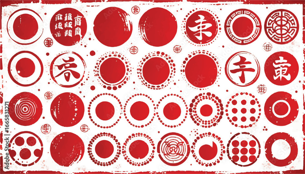 Poster a collection of various red circles with different designs on a white background, symbolizing unity,