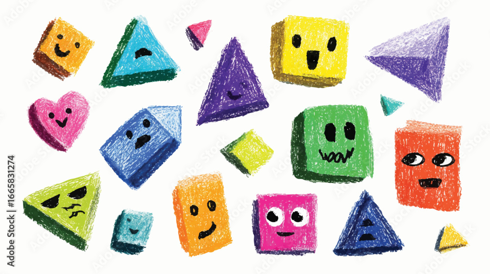 Poster a colorful array of various cartoon geometric shapes, each with their own unique facial expressions 