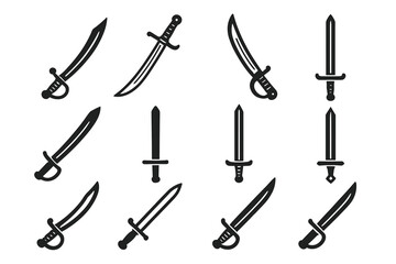 Fototapeta premium Set of various sword and saber silhouettes in black and white design