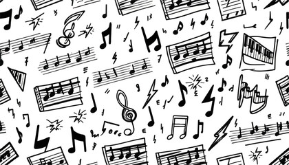 A detailed pattern with musical notes, symbols and treble clefs for a song, musical score background. A graphical representation of musical art
