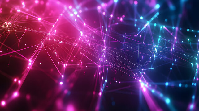 Dynamic glowing network connections pulsate with vibrant neon light, symbolizing data and technology growth.