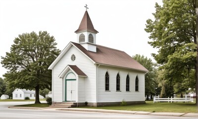 Fototapeta premium White Wooden Church in a Sunny Green Landscape