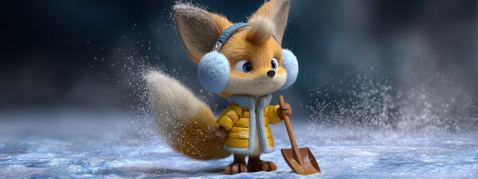 Joyful fox in winter clothing shoveling fresh snow