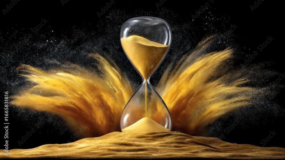 Aufkleber artistic hourglass with golden sand flowing surrounded by a burst of grains symbolizing time and cre
