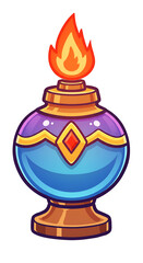 Pixel Art Lamp With Fire Flame Illustration In Gold Blue Purple Tones On Transparent Background