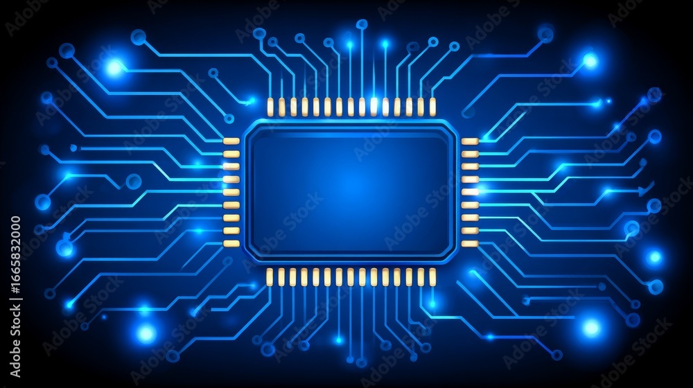 Poster an intricate electronic printed circuit board illuminated by glowing blue lights showing the complex