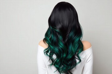 Obraz premium A woman's back view showcases long, wavy hair with a vibrant teal-green ombre.