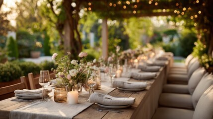 Obraz premium A beautifully arranged wedding banquet features a long wooden table adorned with floral centerpieces and glowing candles