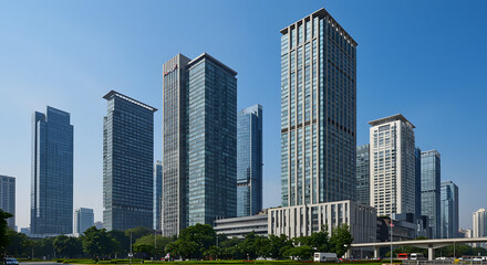 Architectural view of a modern business district with tall glass skyscrapers against a clear summer sky