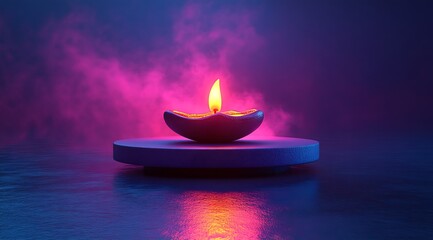 Single lit diya oil lamp on blue podium with pink smoke and reflection candle flame